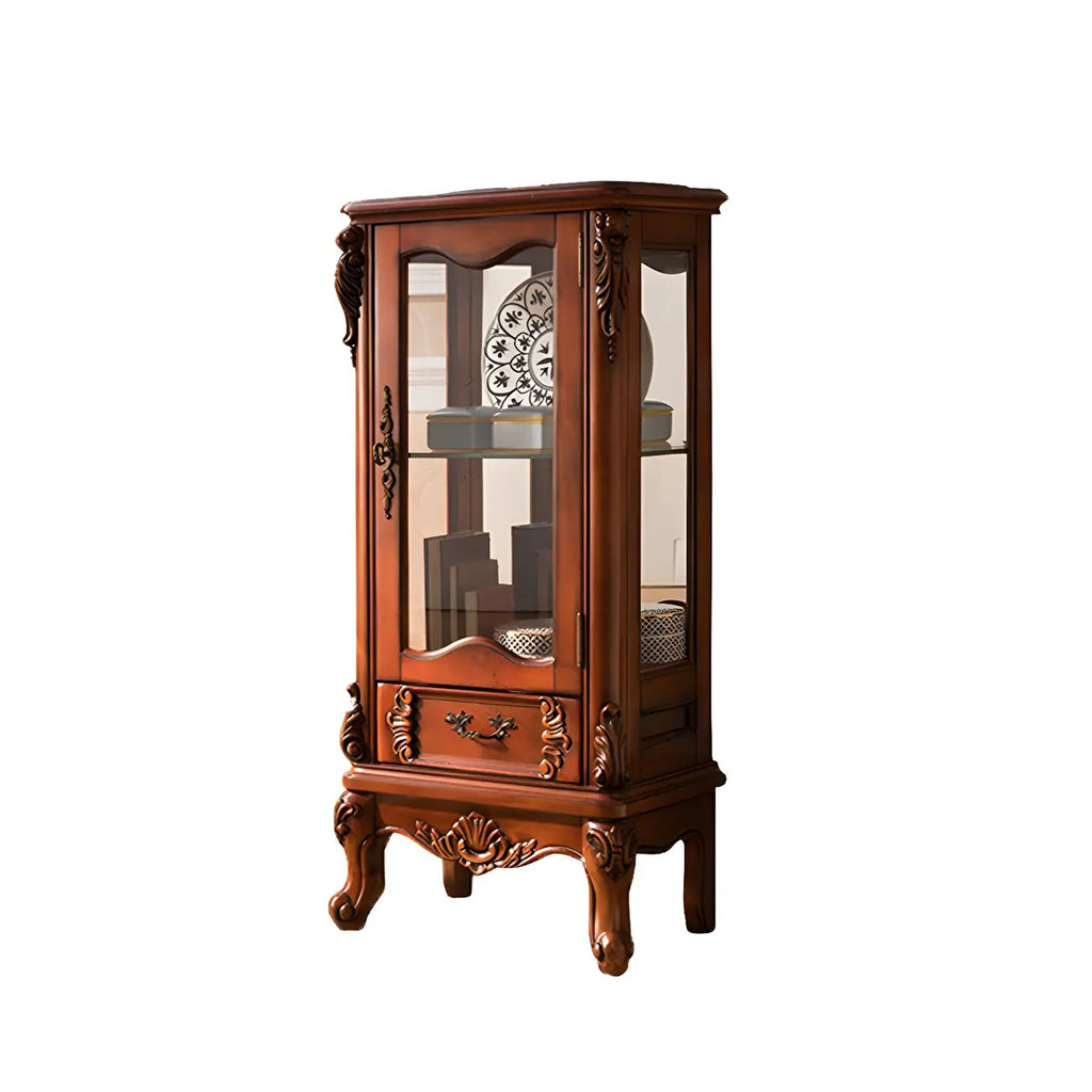 Traditional Wood Brown Glass Shelf Display Cabinet