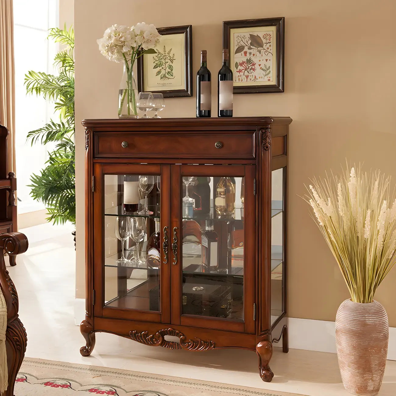Traditional Wood Brown Glass Shelf Display Cabinet