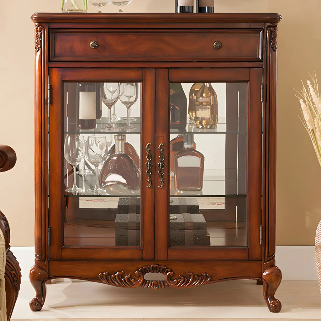 Traditional Wood Brown Glass Shelf Display Cabinet