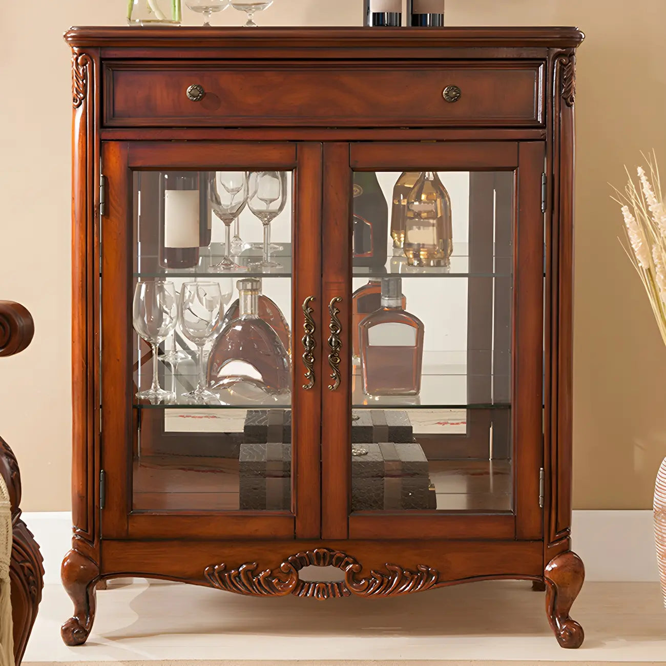 Traditional Wood Brown Glass Shelf Display Cabinet