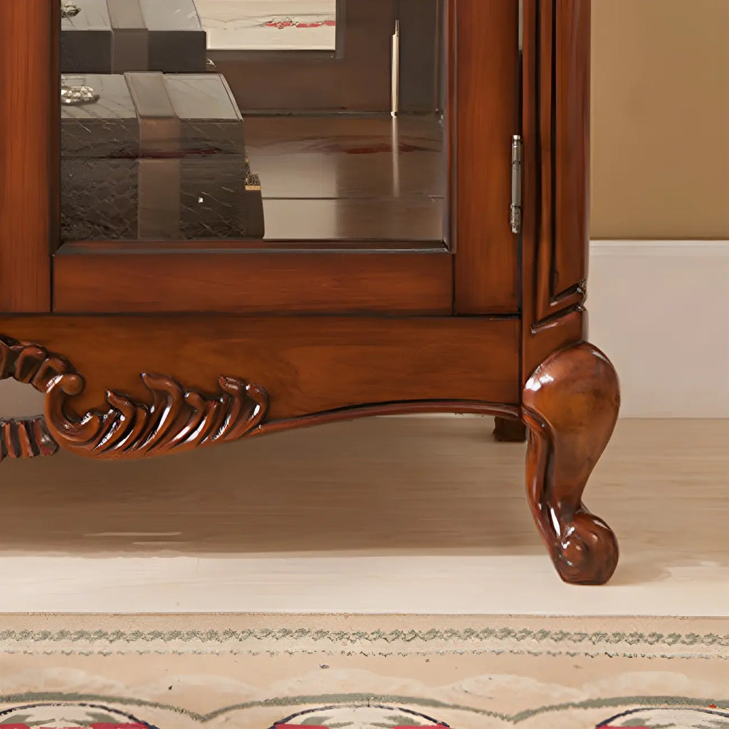 Traditional Wood Brown Glass Shelf Display Cabinet