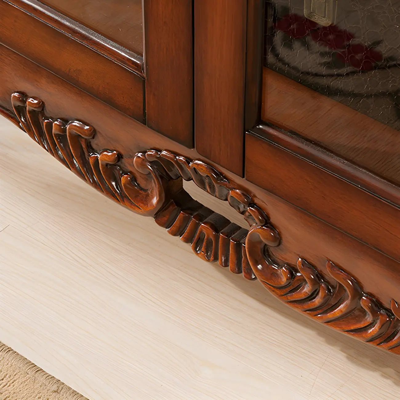 Traditional Wood Brown Glass Shelf Display Cabinet