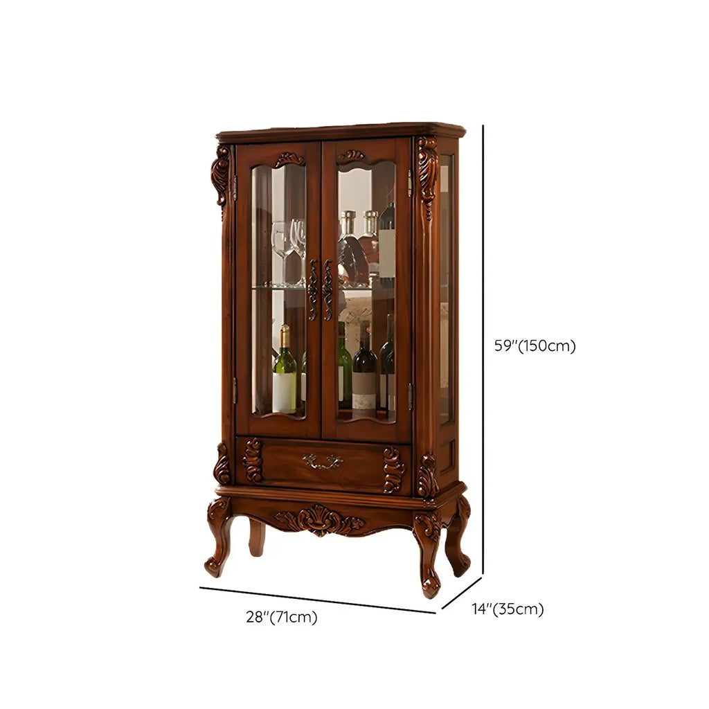 Traditional Wood Brown Glass Shelf Display Cabinet