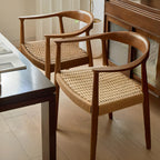 Scandinavian Curved Wood Woven Seat Armrest Dining Chair