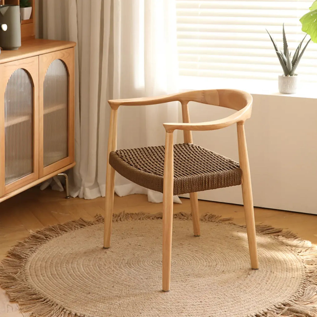 Scandinavian Curved Wood Woven Seat Armrest Dining Chair