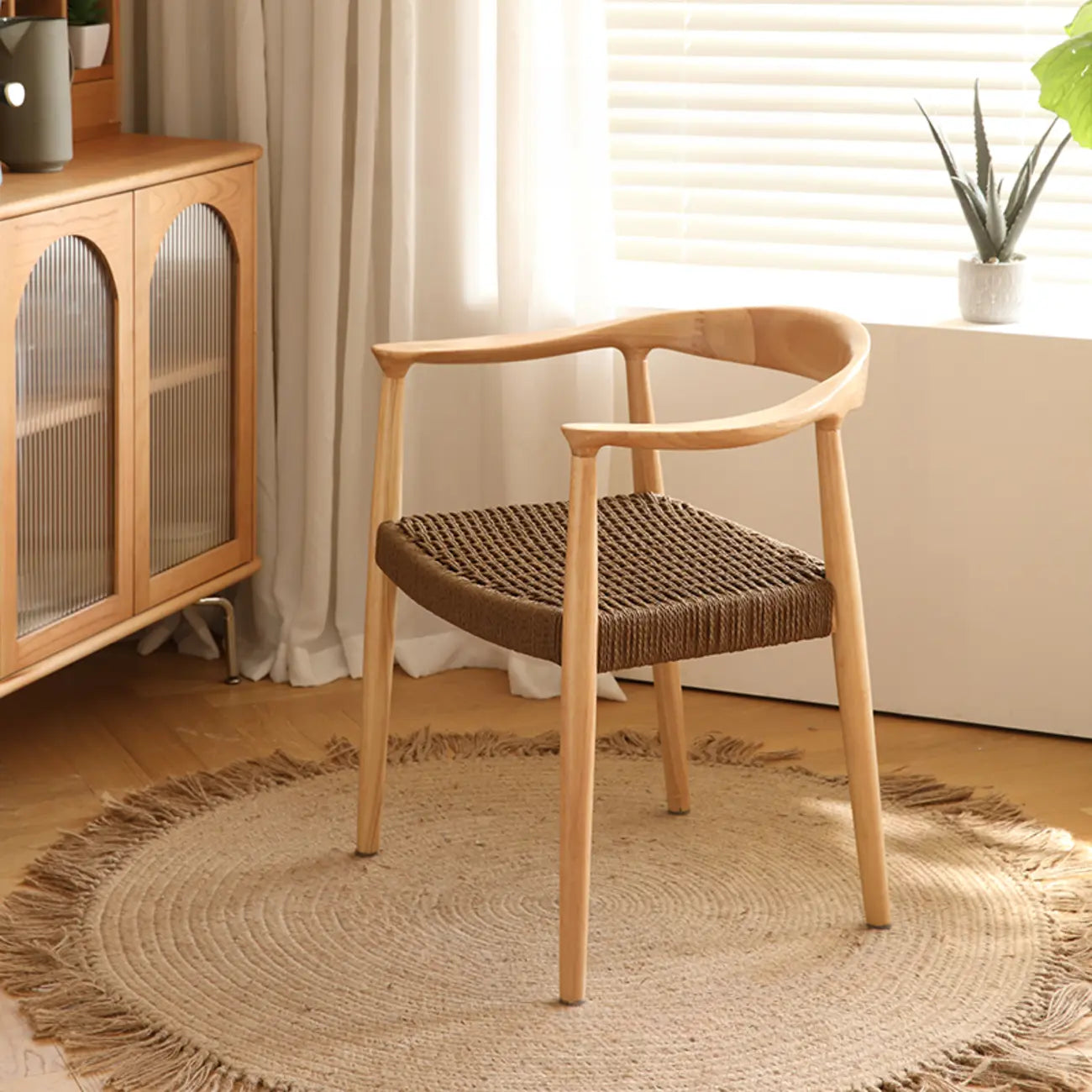 Scandinavian Curved Wood Woven Seat Armrest Dining Chair