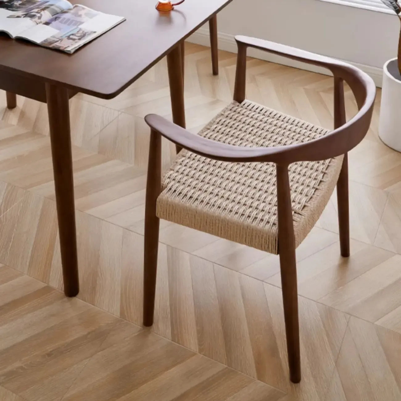 Scandinavian Curved Wood Woven Seat Armrest Dining Chair