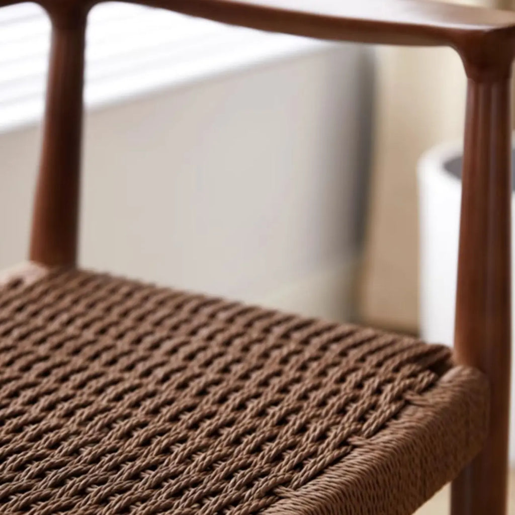 Scandinavian Curved Wood Woven Seat Armrest Dining Chair