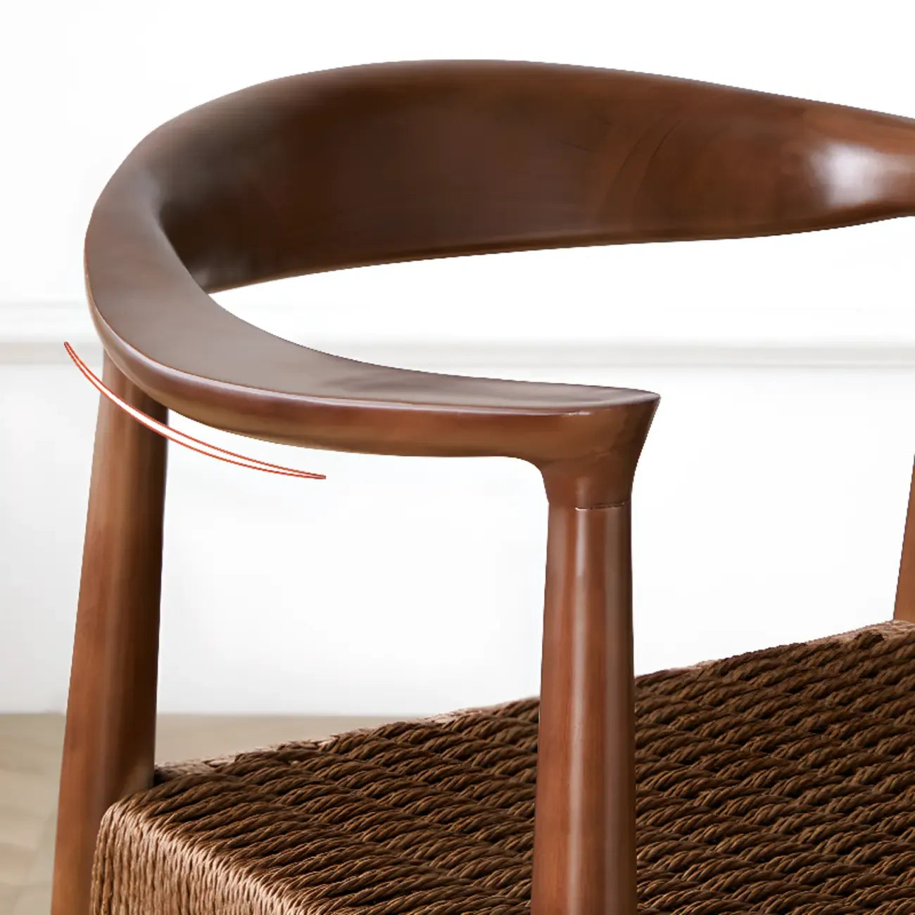 Scandinavian Curved Wood Woven Seat Armrest Dining Chair