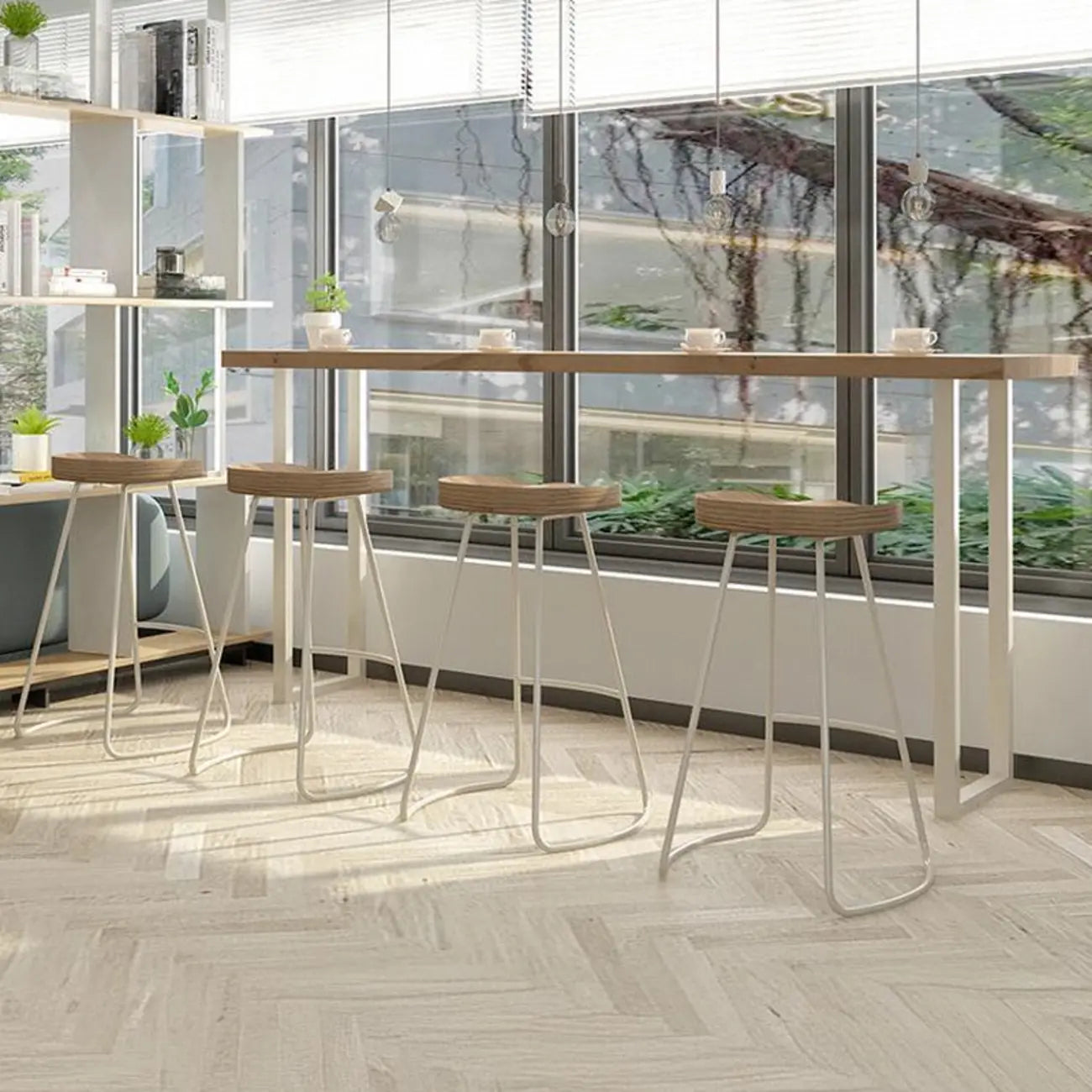 Natural Wooden Rectangular Long Bar Table with White Metal Frame for Indoor Use