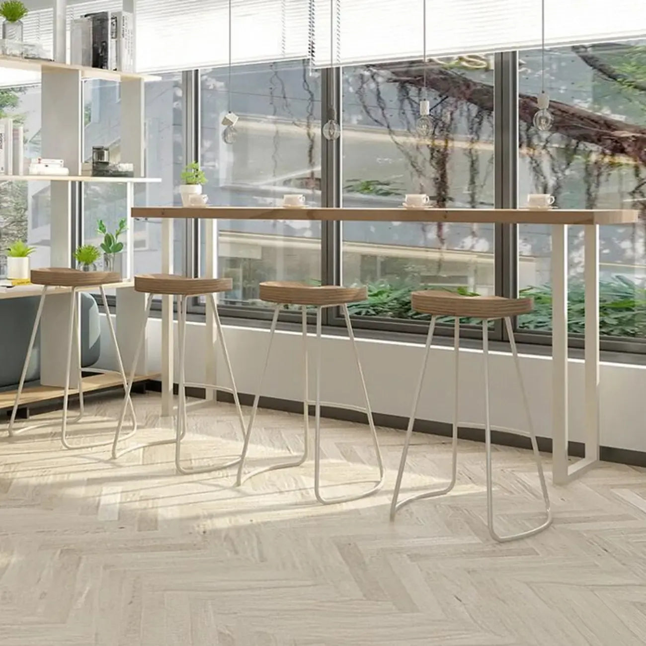 Natural Wooden Rectangular Long Bar Table with White Metal Frame for Indoor Use