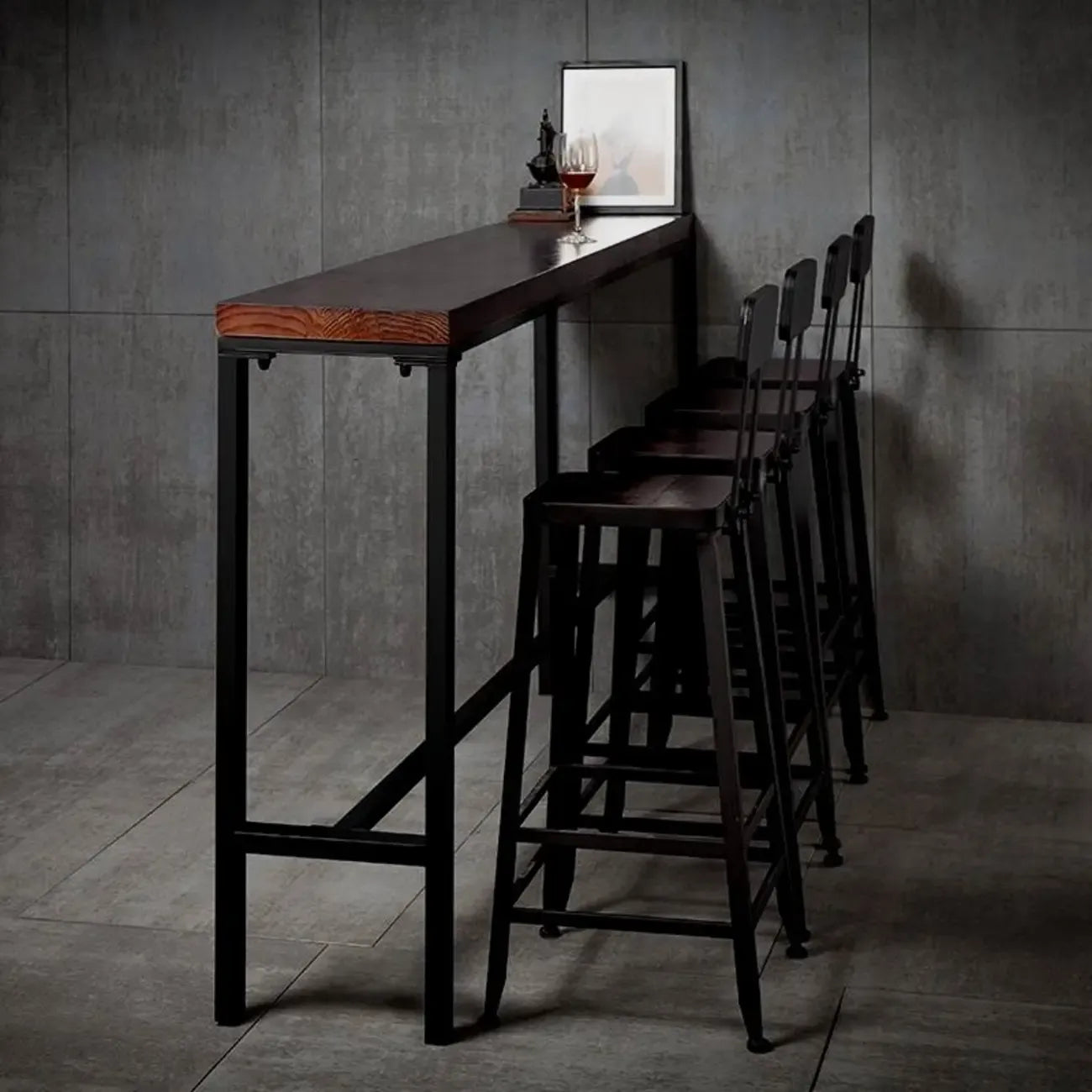 Rustic Solid Wood Rectangular Bar Table with Black Metal Legs for Dining