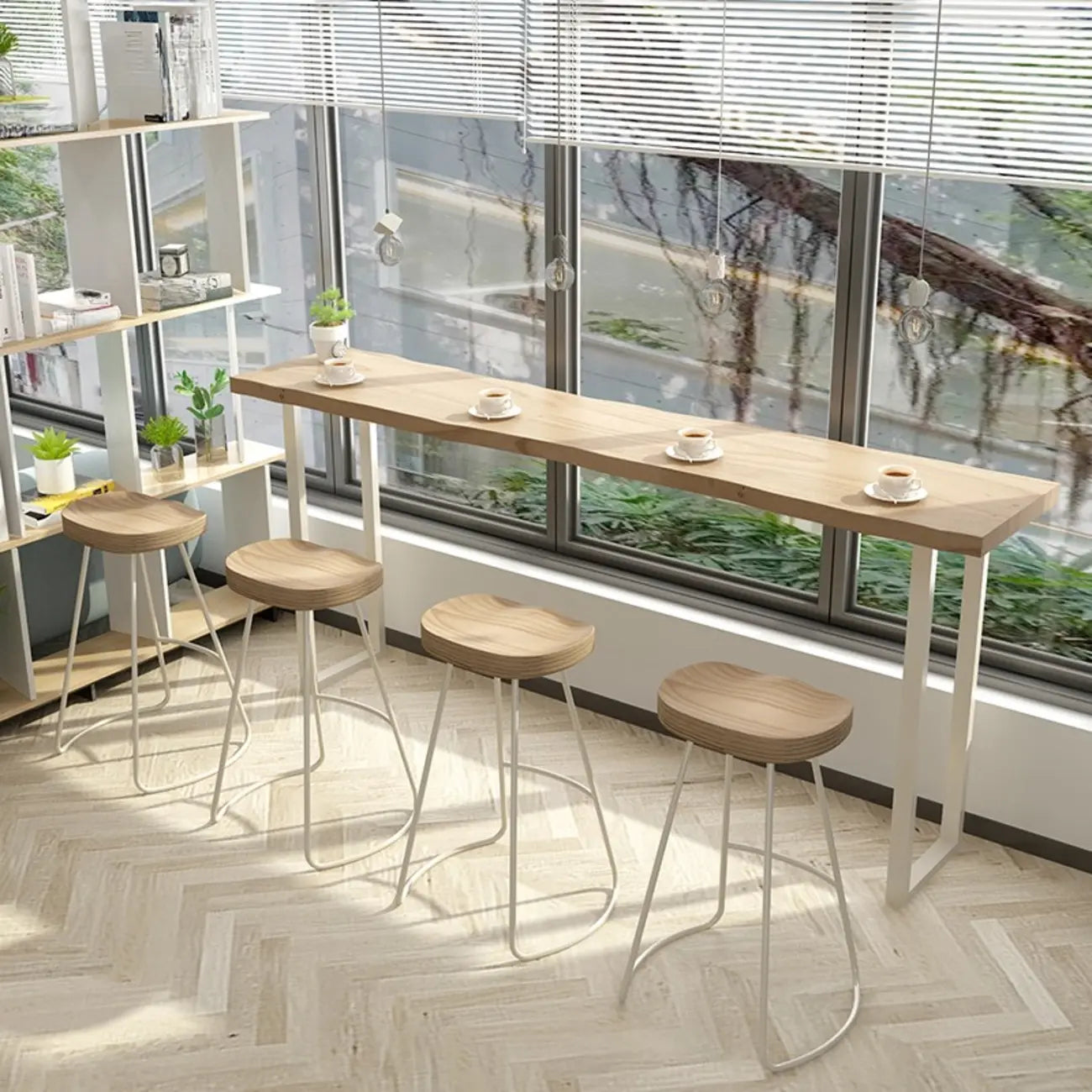 Natural Wooden Rectangular Long Bar Table with White Metal Frame for Indoor Use