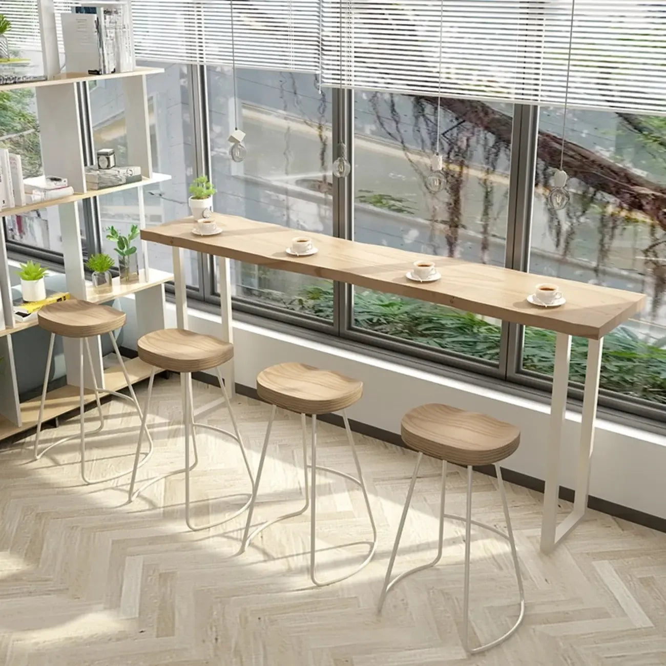 Natural Wooden Rectangular Long Bar Table with White Metal Frame for Indoor Use
