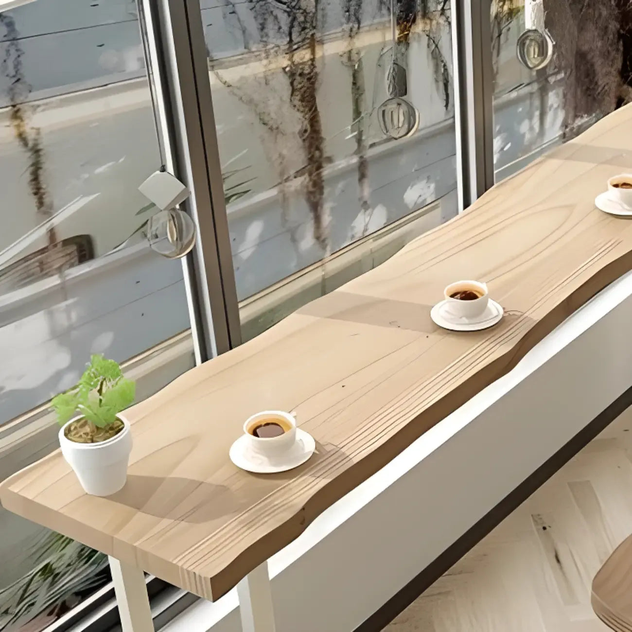 Natural Wooden Rectangular Long Bar Table with White Metal Frame for Indoor Use