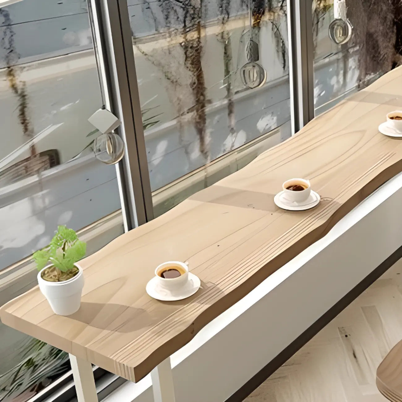 Natural Wooden Rectangular Long Bar Table with White Metal Frame for Indoor Use