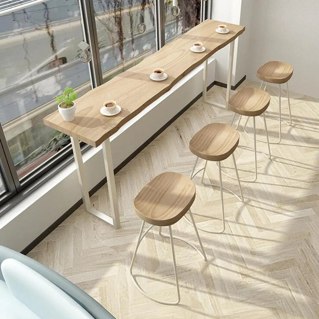 Natural Wooden Rectangular Long Bar Table with White Metal Frame for Indoor Use