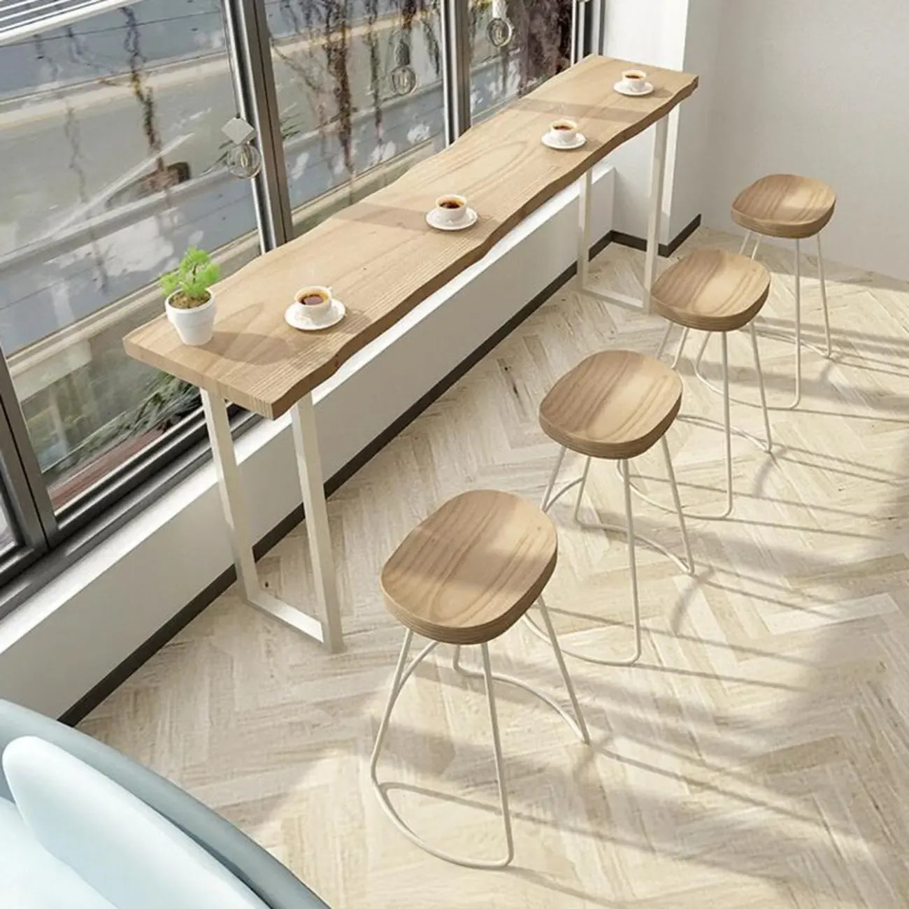 Natural Wooden Rectangular Long Bar Table with White Metal Frame for Indoor Use