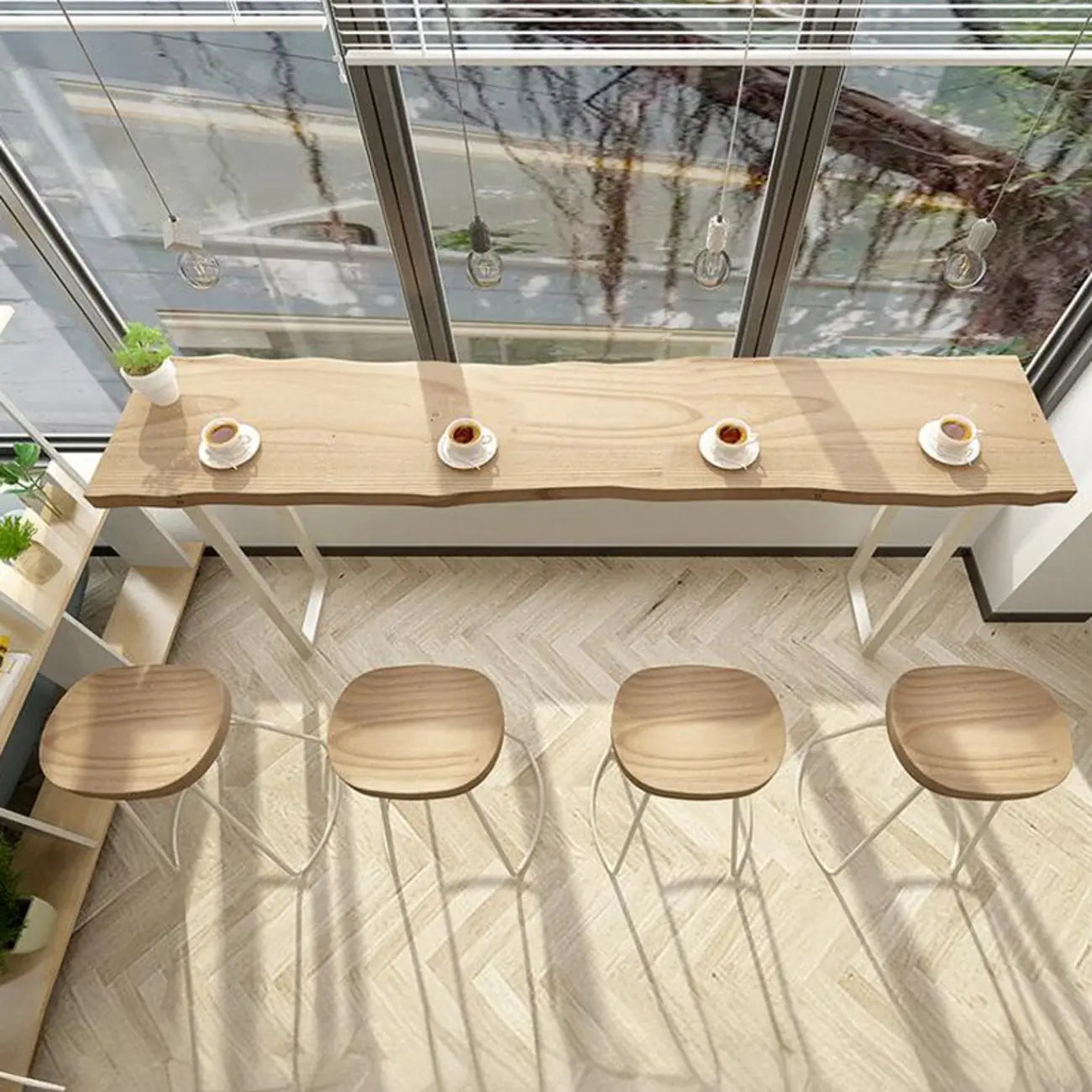 Natural Wooden Rectangular Long Bar Table with White Metal Frame for Indoor Use