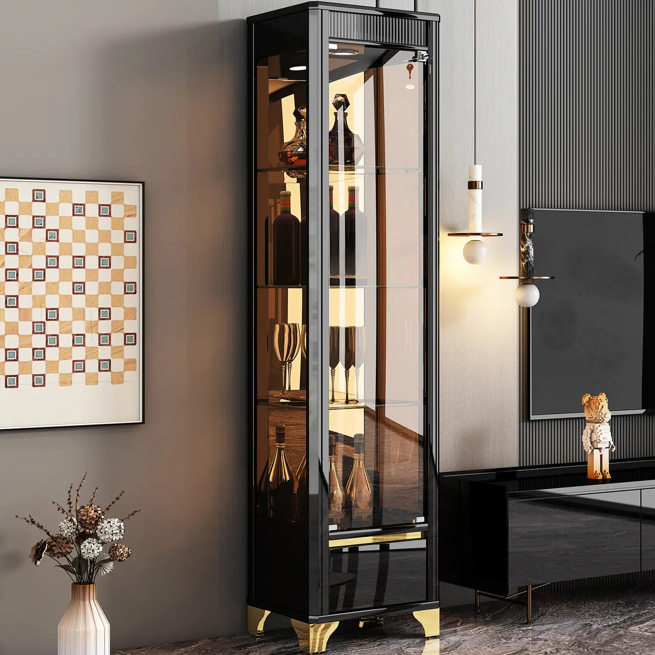 Elegant Black Gold Legs Glass Display Cabinet