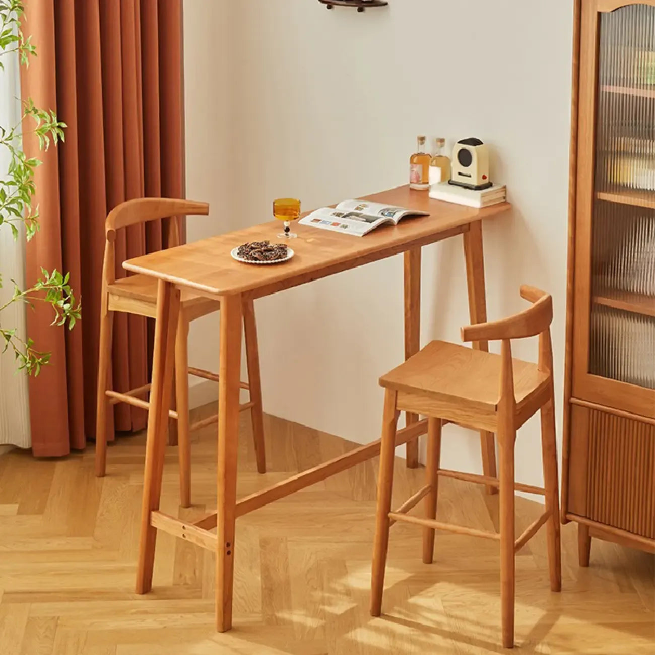Scandinavian Cherry Wood Narrow Bar Table with Footrest for Dining