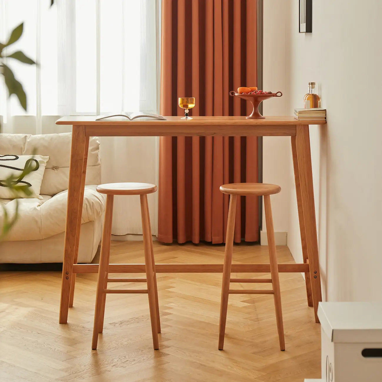 Scandinavian Cherry Wood Narrow Bar Table with Footrest for Dining