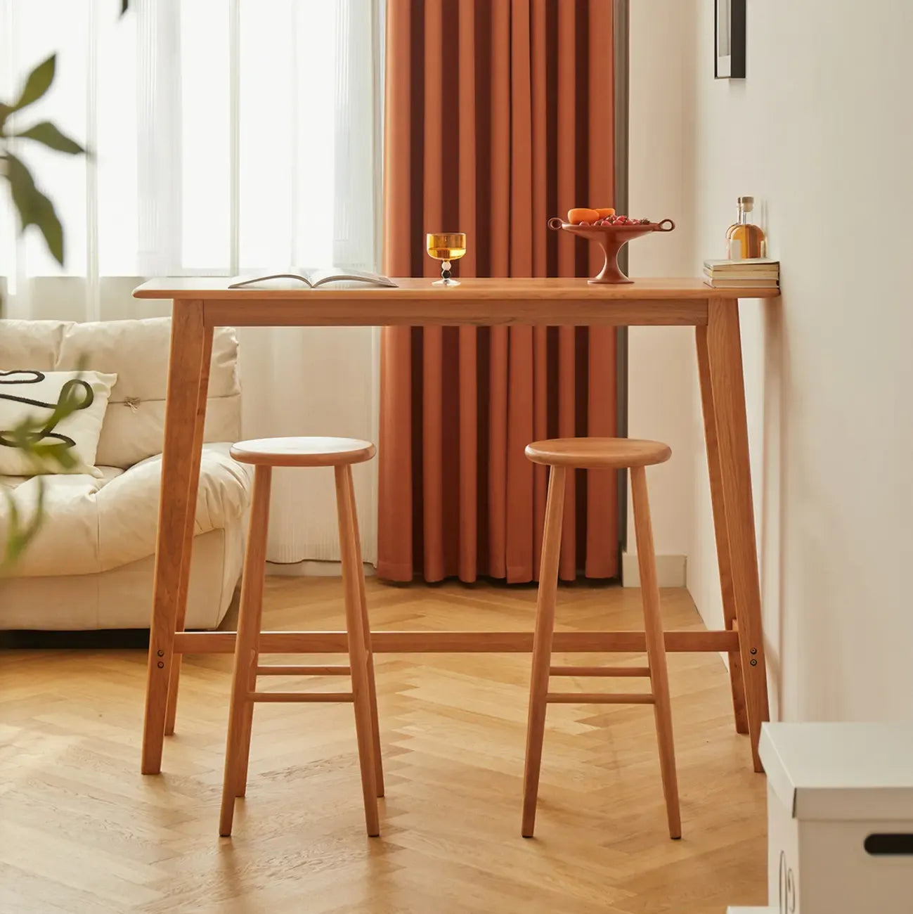 Scandinavian Cherry Wood Narrow Bar Table with Footrest for Dining