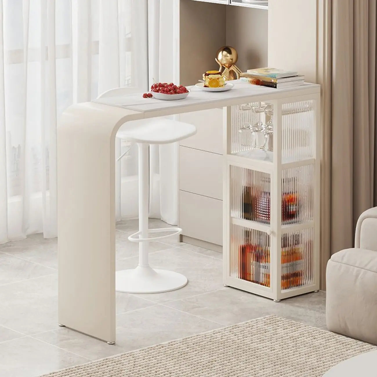 Nordic White Stone Sleek Bar Table with Glass Cabinet