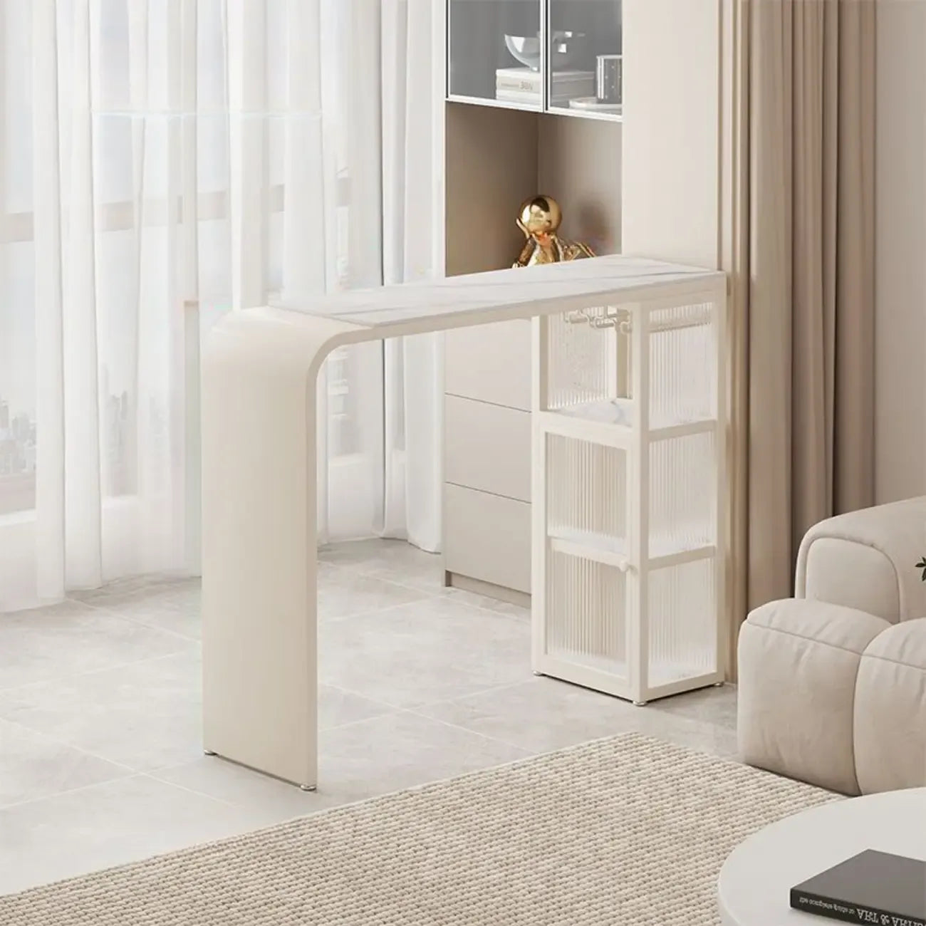 Nordic White Stone Sleek Bar Table with Glass Cabinet