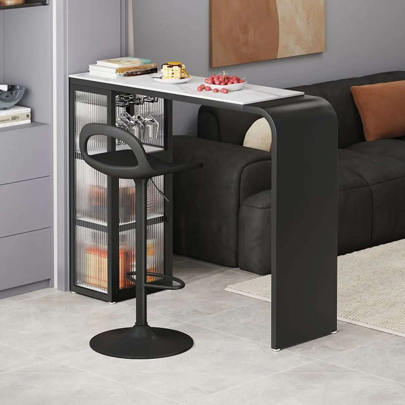 Nordic White Stone Sleek Bar Table with Glass Cabinet