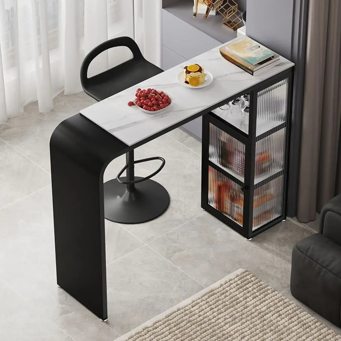 Nordic White Stone Sleek Bar Table with Glass Cabinet