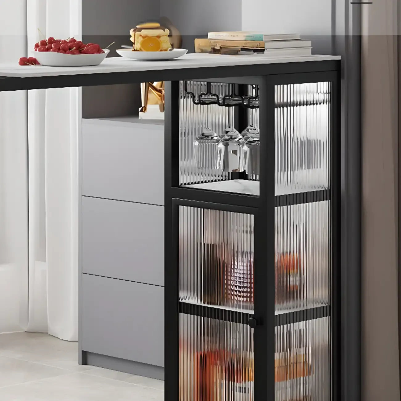 Nordic White Stone Sleek Bar Table with Glass Cabinet