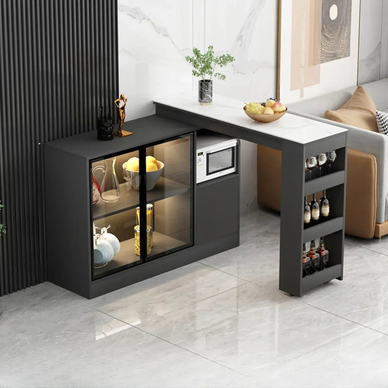 Modern Brown Counter Bar Table with Wine Cabinet Storage for Living Room