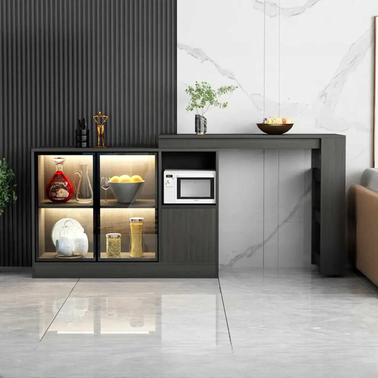 Modern Brown Counter Bar Table with Wine Cabinet Storage for Living Room