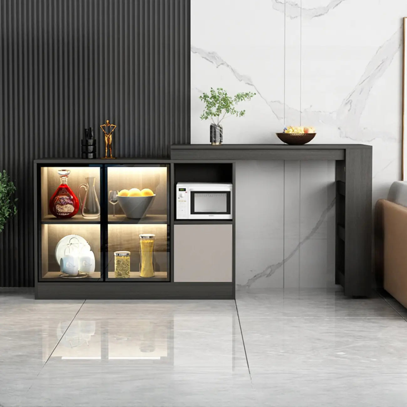 Modern Brown Counter Bar Table with Wine Cabinet Storage for Living Room