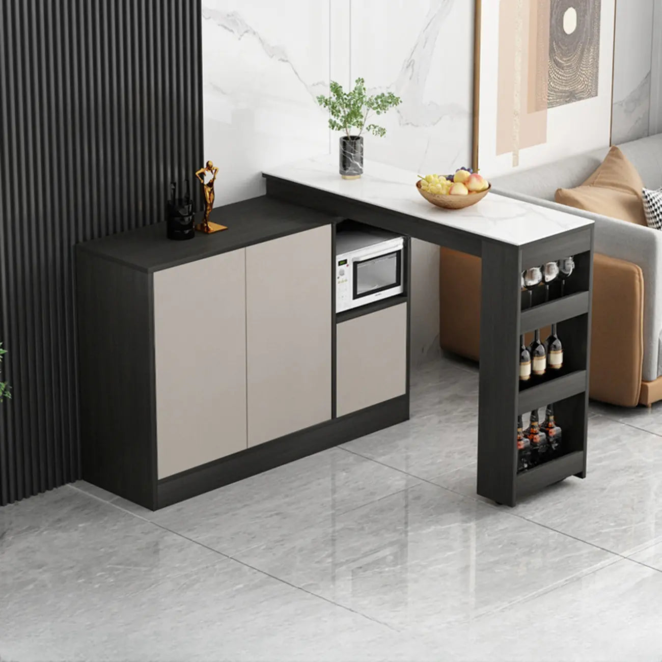 Modern Brown Counter Bar Table with Wine Cabinet Storage for Living Room
