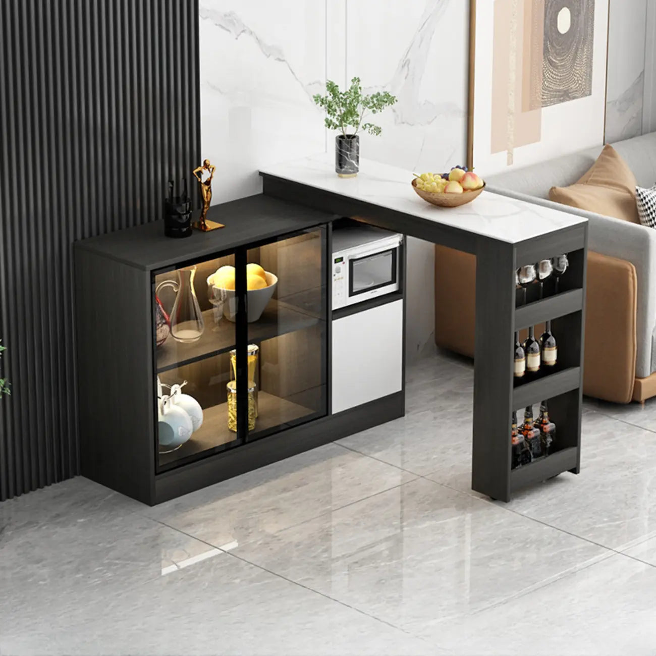 Modern Brown Counter Bar Table with Wine Cabinet Storage for Living Room