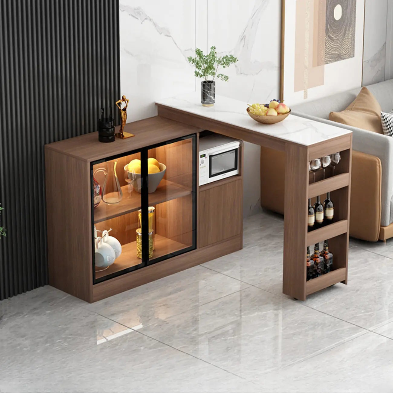 Modern Brown Counter Bar Table with Wine Cabinet Storage for Living Room