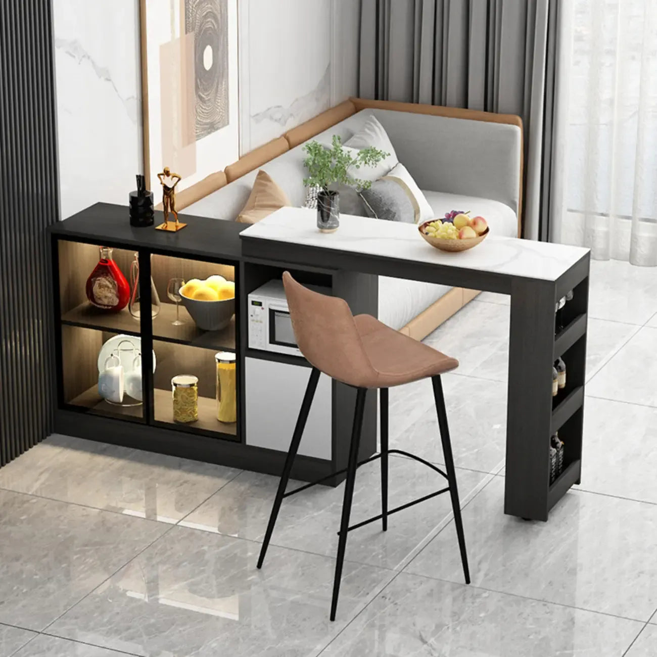 Modern Brown Counter Bar Table with Wine Cabinet Storage for Living Room
