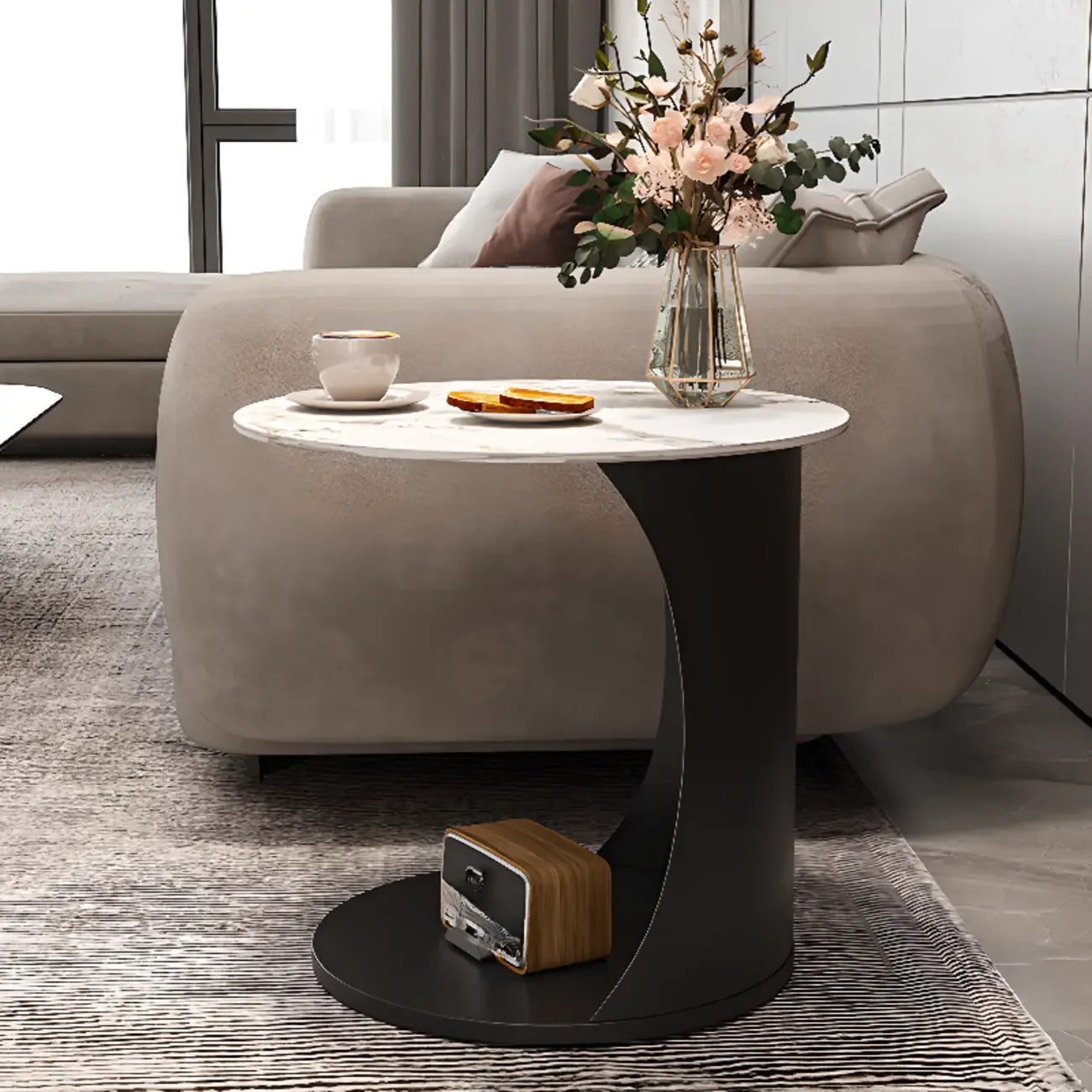 Classic C-Shaped White Marble Side Table with Gold Metal Base