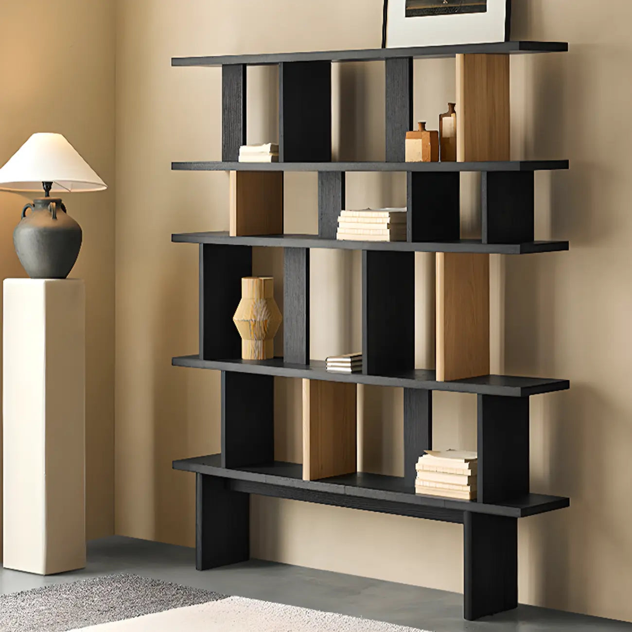 Modern Black Wood Etagere Bookshelves