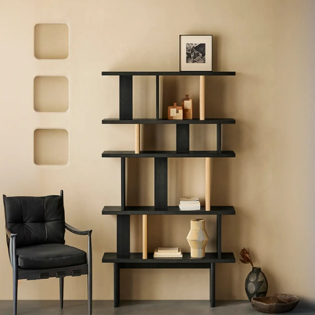 Modern Black Wood Etagere Bookshelves