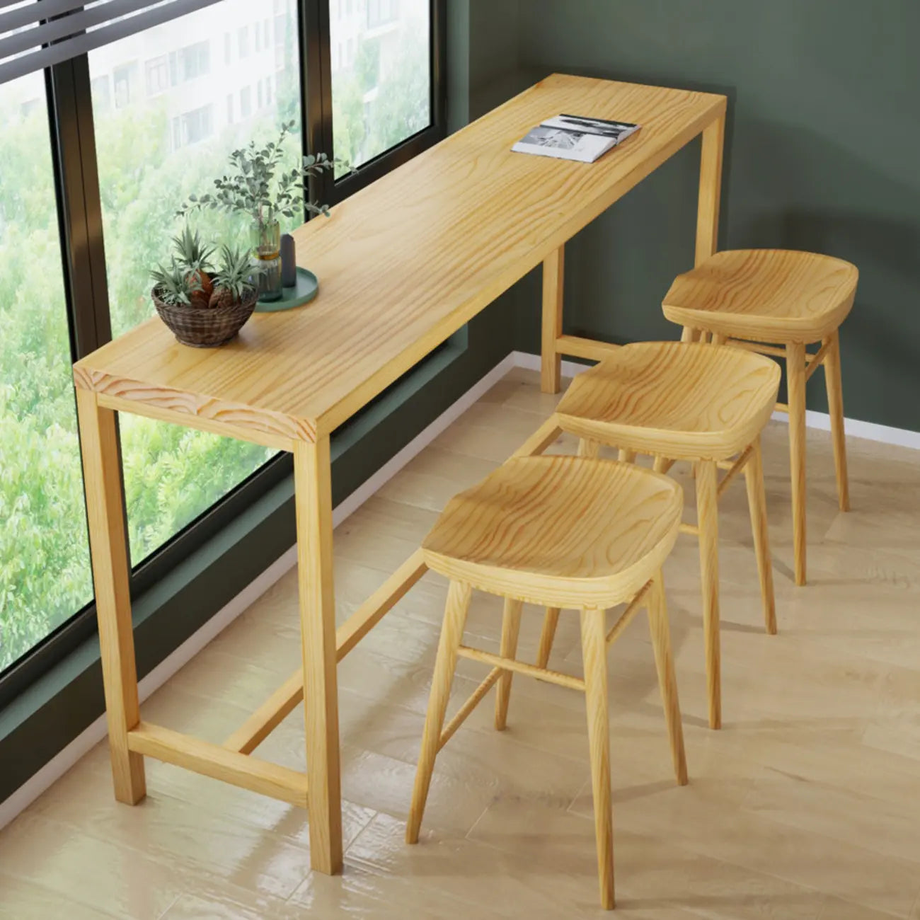 Natural Pine Wood Pub Bar Table with Footrest for 3 People