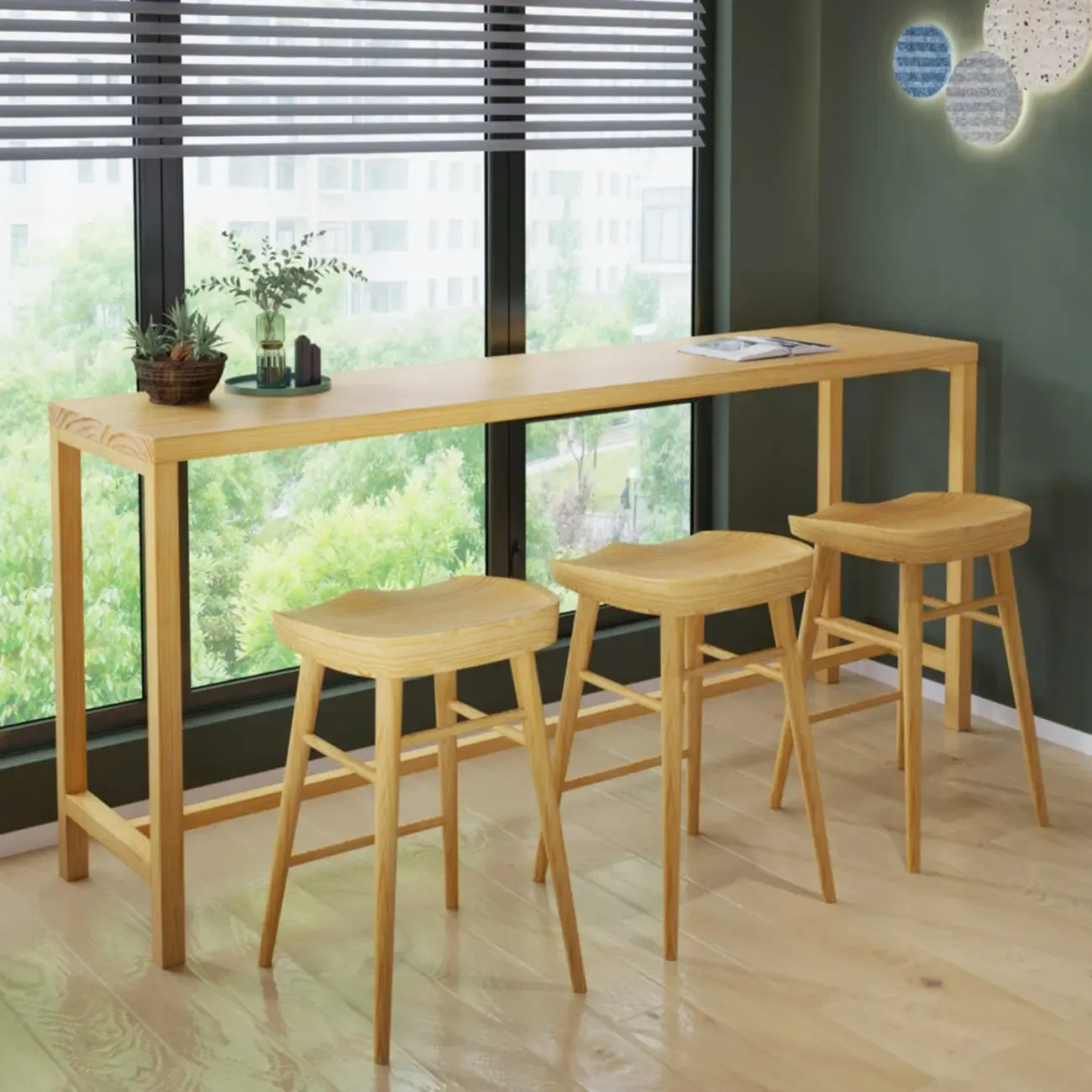 Natural Pine Wood Pub Bar Table with Footrest for 3 People