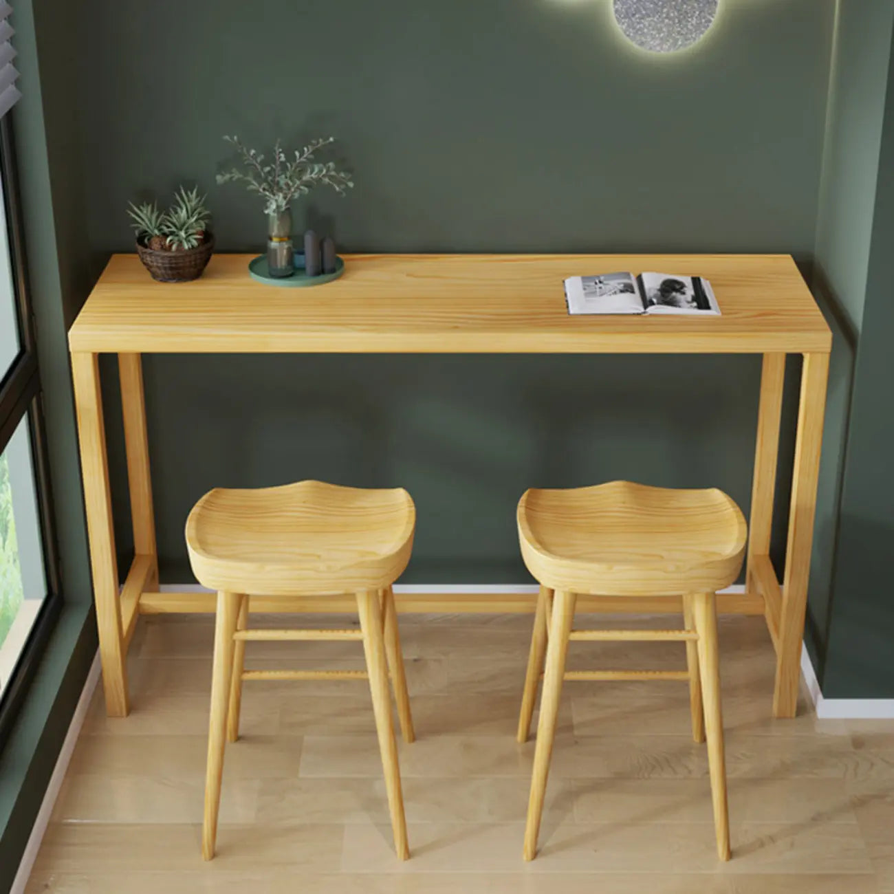 Natural Pine Wood Pub Bar Table with Footrest for 3 People