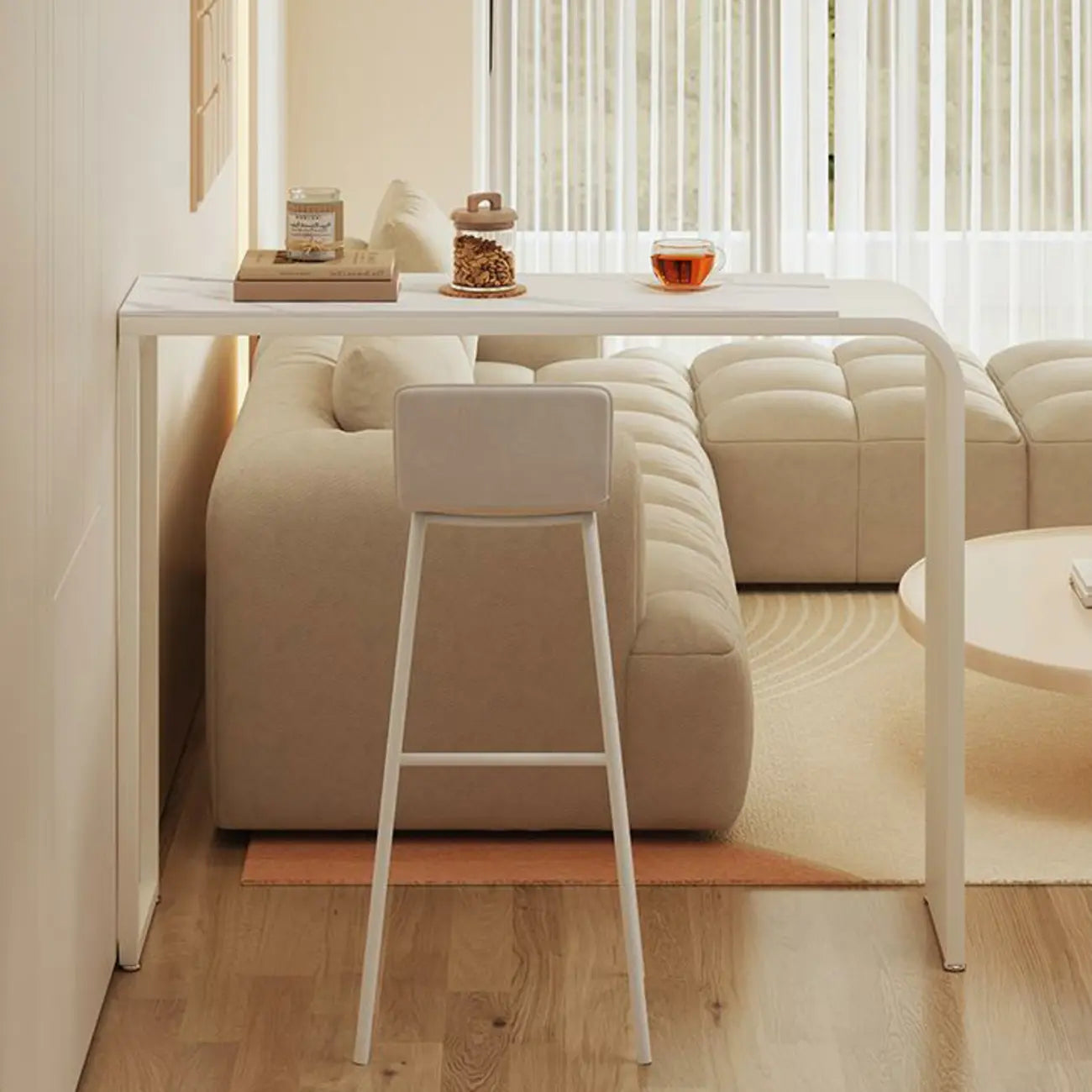 Modern White Metal Long Narrow Bar Table with Storage Shelve for Home