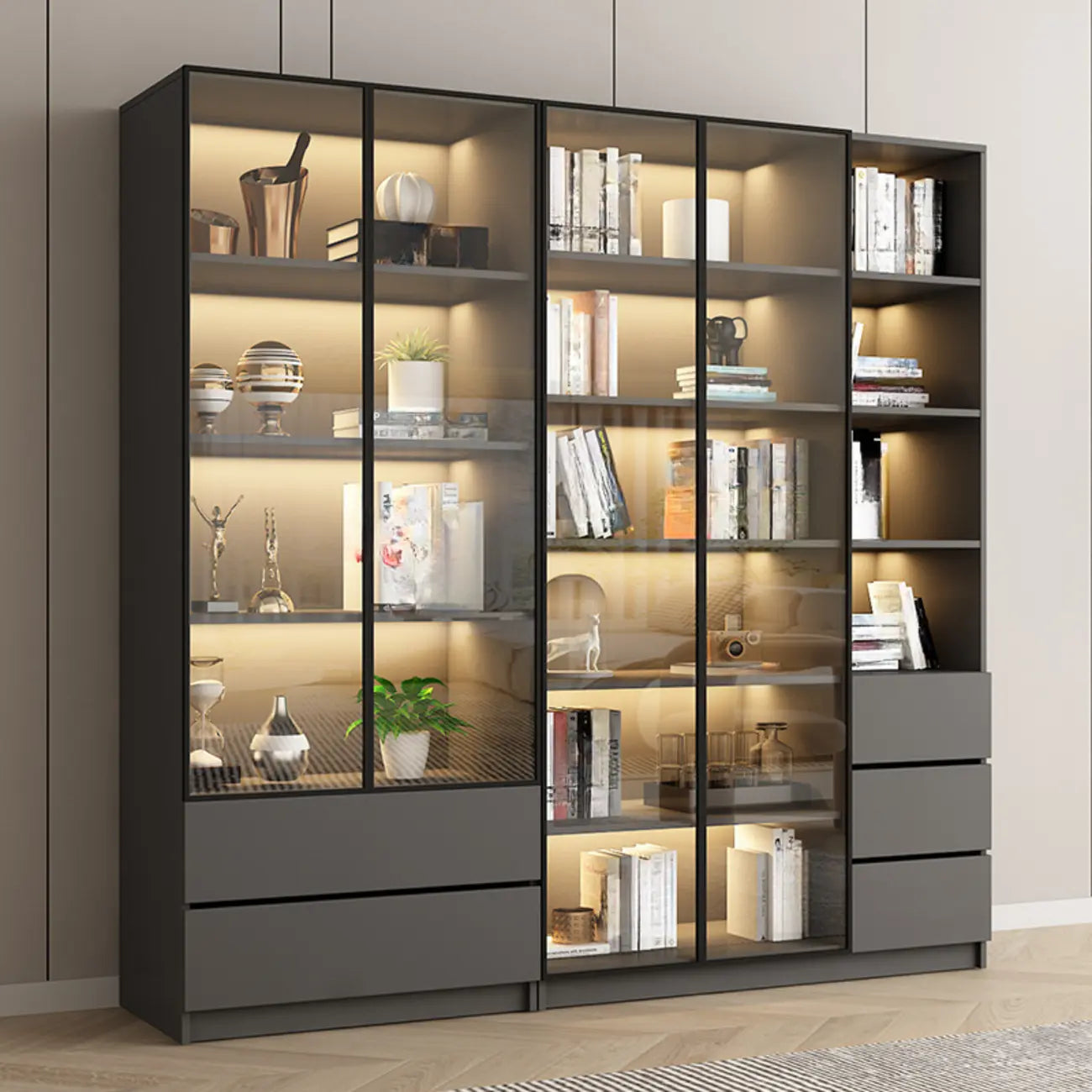 Black Wood Glass Door Storage Standard Display Cabinet