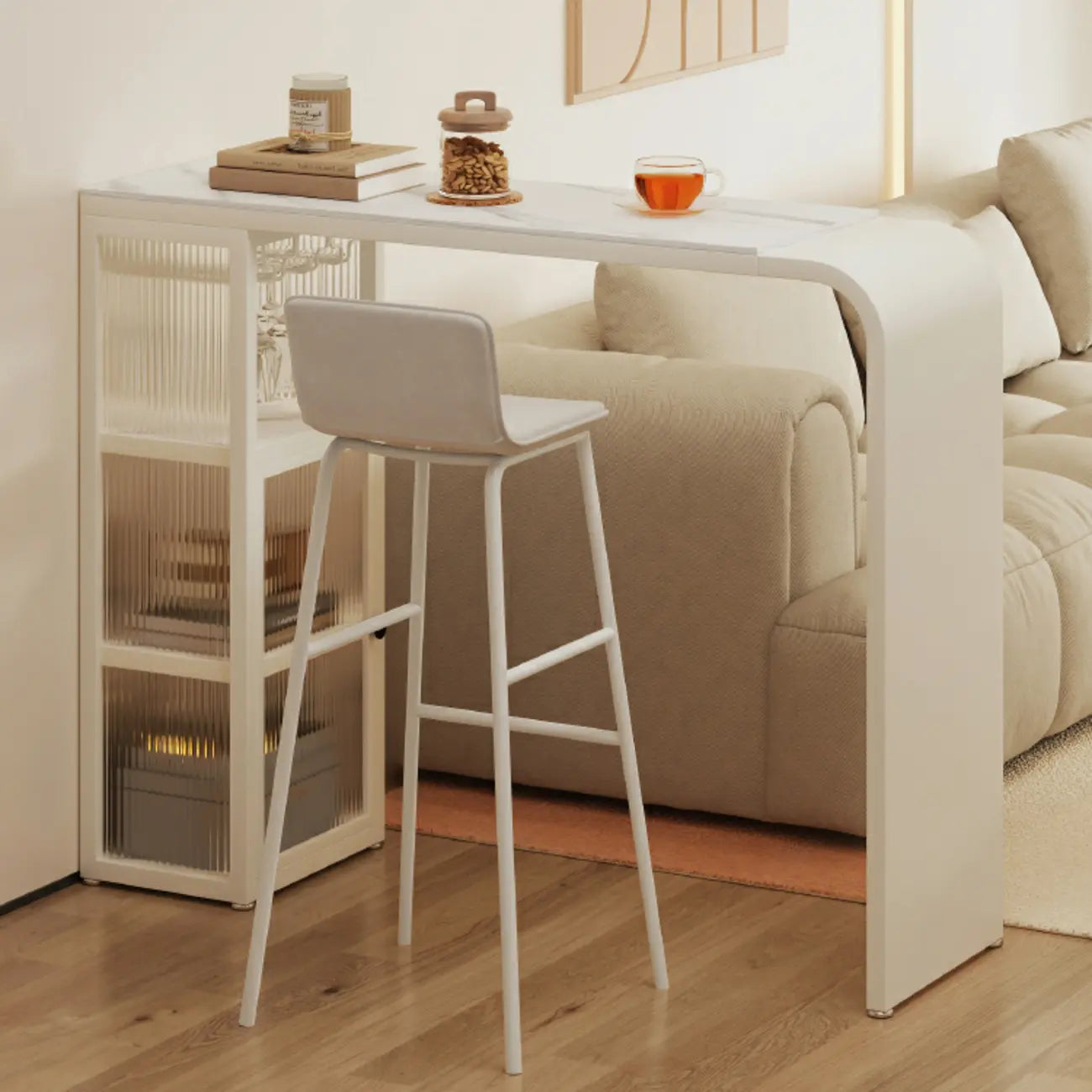 Modern White Metal Long Narrow Bar Table with Storage Shelve for Home