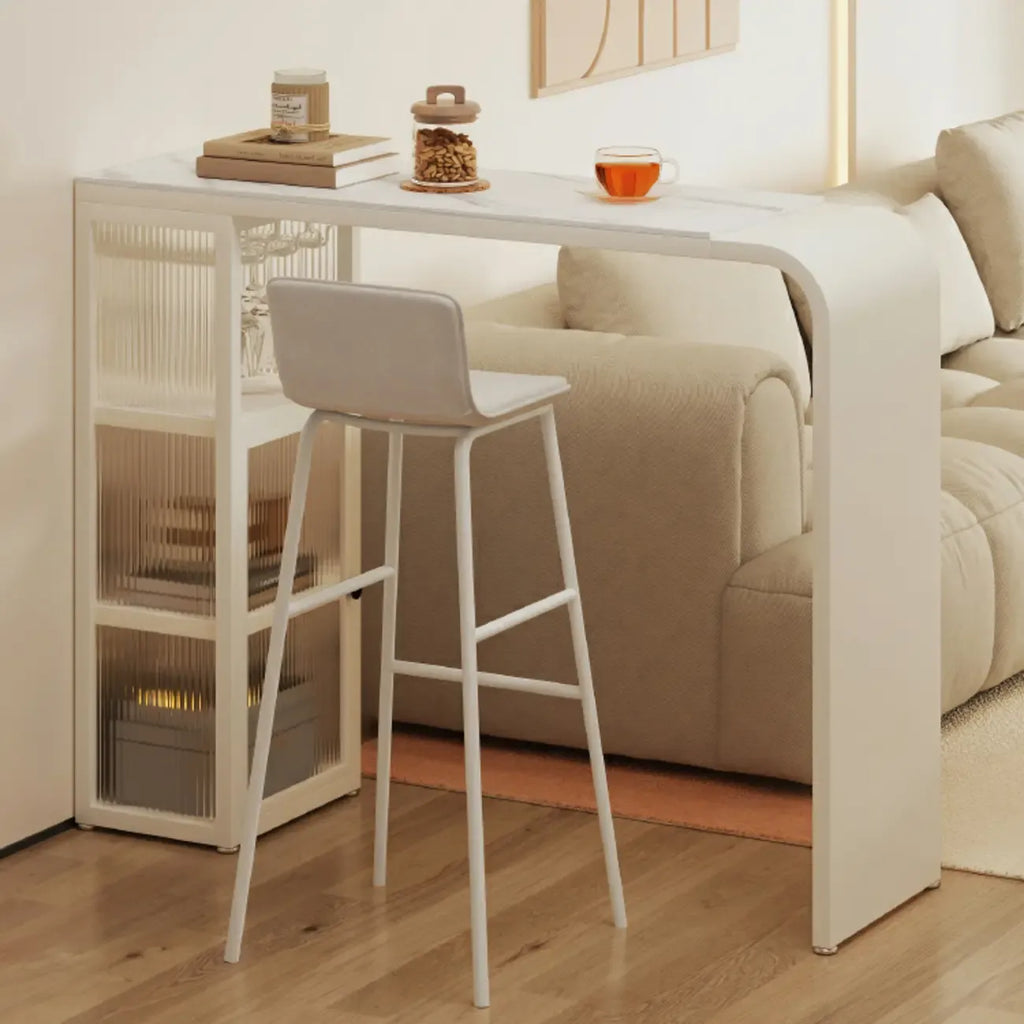 Modern White Metal Long Narrow Bar Table with Storage Shelve for Home