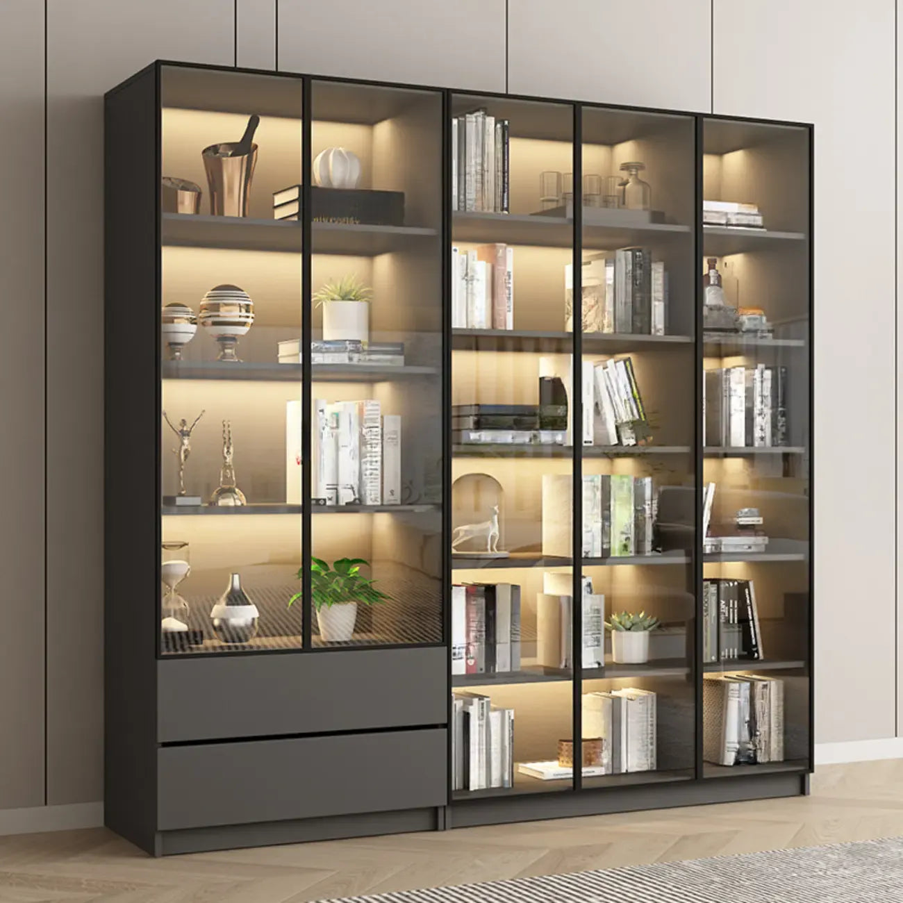 Black Wood Glass Door Storage Standard Display Cabinet
